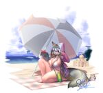  1girl :3 :d animal_ears bare_legs beach beach_umbrella between_breasts bikini blanket blonde_hair blue_sky braid breasts cloud commentary dated day fox_ears fox_girl fox_tail frilled_bikini frills full_body grey_hair highres hood hood_up hooded_jacket huge_breasts island_fox_(kemono_friends) jacket kemono_friends kemono_friends_v_project legs long_sleeves looking_at_viewer multicolored_hair open_clothes open_jacket open_mouth outdoors palm_tree pink_jacket sand_castle sand_sculpture signature sitting sky sleeves_past_wrists smile solo strap_between_breasts swimsuit tablet_pc tail tree twin_braids umbrella water white_bikini yellow_eyes yoshida_hideyuki 