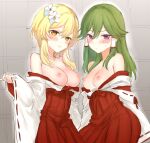  2girls bangs bare_shoulders blonde_hair blush breasts flower genshin_impact green_hair hair_between_eyes hair_flower hair_ornament hakama japanese_clothes kuki_shinobu long_hair looking_at_viewer lumine_(genshin_impact) miko multiple_girls nipples off_shoulder orange_eyes purple_eyes red_hakama ribbon-trimmed_sleeves ribbon_trim sbs short_hair_with_long_locks simple_background white_flower wide_sleeves 