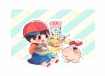  1boy :d arms_up backpack bag baseball_cap black_hair blue_background blue_shirt blue_shorts blush blush_stickers border commentary_request diagonal_stripes doseisan food full_body halftone hat hitofutarai holding ice_cream kirby kirby_(series) mother_(game) mother_2 multicolored_background multicolored_clothes ness_(mother_2) open_mouth outline parfait pikachu pokemon red_footwear red_headwear shirt shoes short_hair short_sleeves shorts sideways_hat simple_background sitting smile socks solid_oval_eyes spoon striped striped_background striped_shirt super_smash_bros. t-shirt two-tone_shirt white_border white_outline white_socks yellow_shirt 