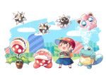  1boy :d arm_up baseball_cap black_hair blue_eyes blue_shirt blue_shorts blue_sky blush brown_eyes closed_mouth commentary_request copy_ability flower_pot full_body gordo halftone hat hill hitofutarai jigglypuff kirby kirby_(series) looking_up mario_(series) mother_(game) mother_2 multicolored_clothes ness_(mother_2) open_mouth piranha_plant pokemon pokemon_(creature) red_footwear red_headwear sharp_teeth shirt shoes short_hair short_sleeves shorts sideways_hat sky smile socks solid_oval_eyes spike_ball squirtle standing striped striped_shirt super_smash_bros. t-shirt teeth two-tone_shirt water white_background white_socks yellow_shirt 