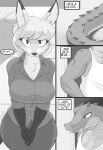  absurd_res alligator alligatorid anthro big_breasts bottomwear breasts canid canine clothing comic cooliehigh crocodilian dress_shirt duo female fox greyscale hair hi_res male mammal monochrome outside pants reptile scalie shirt tank_top thought_bubble topwear wide_hips 