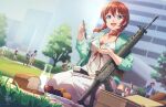  assault_rifle bread breasts building cake cardigan cleavage dress dutch_angle emma_verde food fork fruit green_eyes gun highres hiroki_ree kneeling looking_at_viewer love_live! love_live!_nijigasaki_high_school_idol_club milk nesoberi open_cardigan open_clothes picnic rifle sig_550 tree weapon 