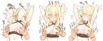  1boy 1girl arms_behind_head bangs blonde_hair blush breasts breasts_out closed_eyes closed_mouth criss-cross_halter cropped_torso disembodied_limb flower genshin_impact groping hair_flower hair_ornament halterneck head_back heart highres lumine_(genshin_impact) medium_breasts multiple_views nipple_tweak nipples nose_blush orange_eyes romaji_commentary sbs short_hair_with_long_locks simple_background solo_focus sound_effects sweat upper_body white_background white_flower 