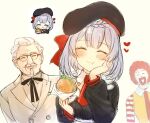  1girl 2boys afro beret black_headwear braid braided_bangs burger clown colonel_sanders eating facial_hair food genshin_impact genshin_impact_sticker_redraw_(meme) glasses grey_hair hand_on_own_cheek hand_on_own_face hat heart holding holding_food kfc long_sleeves mcdonald&#039;s meme multiple_boys noelle_(genshin_impact) noelle_(kfc)_(genshin_impact) red_hair ronald_mcdonald sbs simple_background smile upper_body yellow_background 