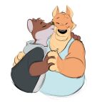  2023 anthro biped black_nose brok_the_investigator brown_body canid canine clothing dee_(brok_the_investigator) duo embrace eyes_closed hand_holding hoodie hug kangaroo knaveofclubs macropod mammal marsupial overweight shirt simple_background sin_(brok_the_investigator) topwear white_background 