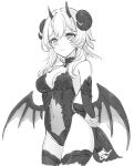  1girl alternate_costume arms_behind_back bangs breasts cleavage cropped_legs curled_horns demon_girl detached_sleeves genshin_impact greyscale highres horns lace-trimmed_leotard lace_trim leotard lumine_(genshin_impact) medium_breasts monochrome multiple_horns sbs short_hair_with_long_locks simple_background solo tail thighhighs wings 