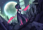  black_sclera colored_sclera commentary_request from_side glowing highres iron_valiant looking_up moon night outdoors pink_eyes pokemon pokemon_(creature) ruins sky solo sparkle standing yottur 