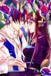  1boy 1girl alear_(fire_emblem) alear_(male)_(fire_emblem) blue_hair couple dress eye_contact fire_emblem fire_emblem_engage flower ivy_(fire_emblem) looking_at_another mole mole_under_mouth multicolored_hair parted_lips purple_eyes purple_hair red_hair smile split-color_hair veil yu_ho10 