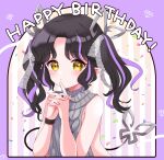  1girl 774_inc. absurdres aran_sweater bangs black_hair blush bow breasts cable_knit closed_mouth commentary_request confetti demon_girl demon_horns demon_tail diamond_(gemstone) dress expressionless hair_bow halterneck happy_birthday highres horns jewelry kino_haruc kojo_anna long_hair looking_at_viewer meme_attire multicolored_hair official_alternate_costume pointy_ears purple_background purple_hair ribbed_sweater ring sideboob small_breasts solo striped striped_background sweater sweater_dress tail turtleneck turtleneck_sweater twintails two-tone_hair upper_body virgin_killer_sweater virtual_youtuber white_bow wristband yellow_eyes 