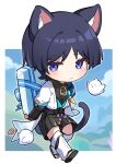  1boy animal_ear_fluff animal_ears armor arms_behind_back bangs bird blue_eyes blush box cat_boy cat_ears cat_tail chibi cloud genshin_impact gift gift_box highres japanese_armor japanese_clothes kote kurokote looking_at_viewer male_focus purple_hair scaramouche_(genshin_impact) sky solo ta_nuki tail tassel valentine vision_(genshin_impact) wanderer_(genshin_impact) 