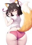  1girl absurdres alternate_costume animal_ears ass black_hair blue_archive blush buruma closed_mouth commentary_request cowboy_shot eyeshadow fox_ears fox_hair_ornament fox_shadow_puppet fox_tail from_behind gym_shirt gym_uniform halo highres izuna_(blue_archive) korean_commentary looking_at_viewer looking_back makeup metaljelly midriff red_eyeshadow shirt short_hair short_sleeves simple_background smile smirk solo standing tail tail_raised tsurime white_background yellow_eyes 