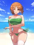  1girl absurdres bangs bare_shoulders beach bikini blue_sky breasts brown_eyes brown_hair cloud cloudy_sky commentary day girls_und_panzer green_bikini heart heart-shaped_pupils highres horizon large_breasts looking_at_viewer navel nishizumi_miho ocean one_eye_closed open_mouth oshiri_seijin outdoors short_hair side-tie_bikini_bottom skindentation sky smile solo standing strapless strapless_bikini swimsuit symbol-shaped_pupils thighhighs thighs water_drop white_thighhighs wind 