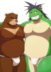  2023 absurd_res anthro arm_around_shoulders asian_clothing bear belly big_belly black_mane black_nose blush brown_body brown_fur bulge chest_markings clothed clothing countershade_arms countershade_legs countershade_snout countershade_torso countershading dragon duo east_asian_clothing embrace fundoshi fundoshi_only fur green_body green_skin hi_res horn japanese_clothing juuichi_mikazuki kemono male male/male mammal mane markings morenatsu navel nipples one_eye_closed overweight overweight_anthro overweight_male pecs pink_nipples ry_o sharp_teeth snout tan_body tan_countershading tan_fur tan_skin tatsuki_(morenatsu) teeth underwear underwear_only white_clothing white_fundoshi white_underwear wink 