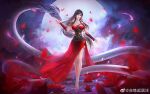 1girl absurdres bare_legs barefoot black_hair bug butterfly chi_lian_(qin_shi_ming_yue) closed_mouth dress full_body hair_ornament hand_up highres long_hair moon narrow_waist night qin_shi_ming_yue red_dress sash second-party_source smile snake solo xiaoxuan_chuang_wxc 