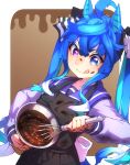  1girl :q @_@ ahoge animal_ears apron aqua_hair bangs black_apron blue_eyes blue_hair bowl brown_background chocolate chocolate_on_clothes chocolate_on_face commentary crossed_bangs dirty dirty_clothes food food_on_face hair_between_eyes heterochromia highres horse_ears long_hair long_sleeves multicolored_hair purple_eyes school_uniform simple_background smile solo thin_(suzuneya) tongue tongue_out tracen_school_uniform twin_turbo_(umamusume) twintails umamusume v-shaped_eyebrows valentine whisk 