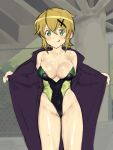  1girl 2equal8 :q akatsuki_kirika areola_slip blonde_hair breasts cleavage coat green_eyes highleg highleg_swimsuit highres large_breasts one-piece_swimsuit open_clothes open_coat senki_zesshou_symphogear short_hair sketch solo standing sweat swimsuit tongue tongue_out 