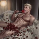  1boy abs bara bed blonde_hair candy completely_nude covering covering_crotch facial_hair food holding holding_candy holding_food holding_lollipop large_pectorals lollipop looking_at_viewer lying male_focus muscular muscular_male navel nipples nude on_back on_bed patreon_username pectorals petals reiner_braun shingeki_no_kyojin short_hair solo tongue tongue_out urielbeaupre15 