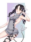  1girl 774_inc. aran_sweater bangs black_hair black_ribbon blush bow breasts cable_knit commentary_request cowboy_shot demon_girl demon_horns demon_tail dress dutch_angle earclip grey_sweater hair_bow halterneck highres horns kaduitutu kojo_anna leg_ribbon long_hair looking_at_viewer medium_breasts meme_attire multicolored_hair official_alternate_costume open_mouth outline pointy_ears purple_hair ribbed_sweater ribbon shiny_skin sideboob smile solo sweater sweater_dress tail turtleneck turtleneck_sweater twintails two-tone_hair virgin_killer_sweater virtual_youtuber white_bow white_outline yellow_eyes 