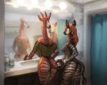  absurd_res anthro bathroom big_butt bottomless breasts brown_body brown_fur butt clothed clothing duo female female/female fur genevieve_lykelle giraffid hair hi_res horn inside mammal maneframe mirror mirror_reflection nipples nude okapi orange_hair ossicone rear_view reflection steam striped_body striped_fur stripes tail tail_tuft tuft 