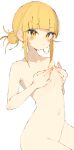  1girl bangs blonde_hair blunt_bangs blush boku_no_hero_academia breasts collarbone completely_nude covering covering_breasts cowboy_shot dot_nose double_bun elbow_blush hair_bun hands_up highres linea_alba looking_at_viewer medium_breasts messy_hair navel nude parted_lips rasusurasu short_hair_with_long_locks sidelocks simple_background solo straight_hair toga_himiko tsurime v-shaped_eyebrows white_background yellow_eyes 