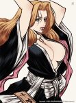  1girl absurdres apoloniodraws arms_up black_robe bleach blonde_hair blue_eyes breasts highres japanese_clothes large_breasts long_hair matsumoto_rangiku mole mole_under_mouth robe simple_background upper_body white_background 