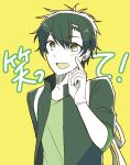  ! 1boy :d arm_behind_back black_hair casual collared_jacket commentary gloves green_eyes green_shirt grey_jacket hair_between_eyes hair_ornament hairclip happy index_finger_raised jacket kagerou_project kanako-n-03-04 male_focus mekakucity_actors open_clothes open_jacket open_mouth pointing pointing_at_self seto_kousuke shirt short_hair simple_background single_glove sleeves_past_elbows smile solo t-shirt translated upper_body white_gloves yellow_background 