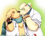  2023 anthro bear blush canid canine canis clothing cu_sith_(tas) domestic_dog duo hand_holding hoodie kemono leib_(tas) lifewonders male mammal niaor27 nose_kiss polar_bear scarf shirt slightly_chubby tokyo_afterschool_summoners topwear ursine 