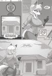  absurd_res anthro big_breasts big_butt bottomwear breasts building butt canid canine clothed clothing comic cooliehigh dress_shirt female fox fully_clothed greyscale hi_res house looking_at_object looking_at_phone mammal monochrome outside pants shirt solo speech_bubble topwear walking 