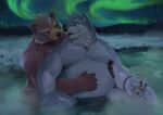  2023 anthro aurora_(phenomenon) bear belly big_belly canid canine canis detailed_background duo embrace hi_res hug hugging_from_behind humanoid_hands kemono male male/male mammal moobs night outside overweight overweight_male racoonwolf sitting steam water wolf 