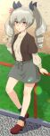  1girl :o absurdres ada_badguy anchovy_(girls_und_panzer) bangs black_ribbon black_shirt black_socks bobby_socks bracelet brown_footwear casual commentary cup day disposable_cup drill_hair full_body girls_und_panzer grass green_hair grey_shirt grey_skirt hair_ribbon heel_up highres holding holding_cup jewelry layered_clothes layered_sleeves lens_flare long_hair long_sleeves looking_at_viewer miniskirt necklace notice_lines outdoors parted_lips railing red_eyes ribbon shirt shoes short_over_long_sleeves short_sleeves skirt socks solo standing twin_drills twintails 