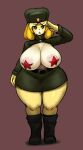  animal_crossing anthro areola areola_slip belt big_breasts blonde_hair boots bottomwear breasts brown_background canid canine canis clothed clothing curvy_figure domestic_dog female footwear full-length_portrait fur gesture glistening glistening_body green_uniform hair hammer_and_sickle hat headgear headwear hi_res isabelle_(animal_crossing) looking_at_viewer mammal military_uniform nintendo nipples open_mouth pasties pink_cheeks portrait russian salute simple_background skirt solo soviet_union star_pasties thick_thighs topless uniform voluptuous wide_hips yboon yellow_body yellow_fur 