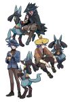  3boys absurdres bangs black_shirt blue_headwear blue_jacket boots brown_jacket brown_pants cloak closed_mouth commentary_request eating hat highres holding jacket jewelry korean_commentary long_sleeves lucario male_focus multiple_boys necklace pants pokemon pokemon:_lucario_and_the_mystery_of_mew pokemon_(anime) pokemon_(game) pokemon_dppt pokemon_rse_(anime) redlhzz riley_(pokemon) sandals shirt shoes sir_aaron sitting smile spiked_hair standing yellow_headwear 