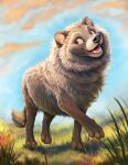  black_nose brown_body brown_eyes brown_fur canid canine cloud detailed_background digital_media_(artwork) feral fluffy fur grass hi_res kebi mammal open_mouth open_smile outside plant raccoon_dog sky smile solo teeth tongue whiskers 