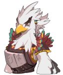  1boy armor bird_boy closed_mouth cropped_torso grey_background grey_fur highres male_focus monster_boy orange_eyes rito simple_background solo teba_(zelda) the_legend_of_zelda the_legend_of_zelda:_breath_of_the_wild tuxedo_de_cat upper_body 