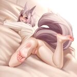  1girl :d animal_ear_fluff animal_ears anus ass bangs bare_legs barefoot bed_sheet blue_eyes bottomless commentary english_commentary eyes_visible_through_hair feet feet_up foot_focus foreshortening from_behind grey_hair hair_between_eyes highres indoors kairunoburogu long_sleeves looking_at_viewer looking_back lying on_bed on_stomach open_mouth original pussy shirt short_hair smile soles solo tail toes uncensored white_shirt 