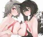  2girls absinthe_(arknights) animal_ears arknights bear_ears black_hair black_hairband blush breast_hold breast_press breasts chocolate chocolate_on_body commentary food_on_body grey_hair hair_between_eyes hairband highres large_breasts long_hair looking_at_viewer medium_hair mikozin multicolored_hair multiple_girls naked_ribbon nipples parted_lips ponytail raccoon_ears red_eyes red_ribbon ribbon robin_(arknights) simple_background steaming_body sweat symbol-only_commentary symmetrical_docking topless two-tone_hair upper_body white_background white_hair yellow_eyes 