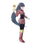  1girl bangs black_bodysuit black_hair blunt_bangs bodysuit boots byte_(grunty-hag1) closed_mouth commentary_request cropped_jacket full_body gloves hand_up jacket long_hair long_sleeves over-kneehighs poke_ball poke_ball_(basic) pokemon pokemon_(game) pokemon_frlg red_jacket red_skirt sabrina_(pokemon) simple_background skirt solo standing telekinesis thighhighs white_background white_gloves 