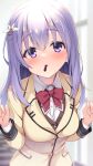  1girl aria. bangs blurry blurry_background blush bow bowtie breasts brown_vest collared_shirt commentary eyelashes food_in_mouth hair_between_eyes hair_ornament hairclip hands_up head_tilt highres incoming_pocky_kiss indoors ise_kotori jacket large_breasts light_purple_hair lips long_hair long_sleeves looking_at_viewer parted_lips pocky_in_mouth pov purple_eyes red_bow red_bowtie riddle_joker school_uniform seductive_smile shirt sidelocks smile solo upper_body valentine vest white_shirt wing_hair_ornament yellow_jacket yuzu-soft 