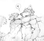  &lt;3 akatan_art anthro anthro_on_anthro back_tuft canid cheek_tuft chest_tuft duo ears_back facial_tuft fluffy fluffy_tail hi_res kissing male male/male mammal monochrome neck_tuft nude pivoted_ears side_view simple_background speech_bubble tail tuft 