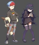  2girls @_@ absurdres backpack bag bangs black_hair blush boots brown_bag closed_mouth commentary_request dress flowers-imh full_body glasses grey_background grey_eyes hairband hex_maniac_(pokemon) highres holding holding_poke_ball hood hoodie long_hair multiple_girls own_hands_together pantyhose penny_(pokemon) poke_ball poke_ball_(basic) poke_ball_print pokemon pokemon_(game) pokemon_sv pokemon_xy purple_hairband red_hair round_eyewear shoes short_hair shorts smile standing thighhighs 