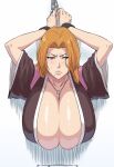  1girl bangs bleach breast_focus breasts chained_wrists cleavage close-up collarbone gigantic_breasts highres iwao178 japanese_clothes jewelry long_hair matsumoto_rangiku mole mole_under_mouth necklace orange_hair parted_bangs restrained shiny_skin solo stuck through_wall upper_body 