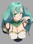  1girl absurdres aqua_hair bare_shoulders breasts chloe_(fire_emblem) cleavage cropped_torso earrings fire_emblem fire_emblem_engage fox_head_(markcayce) gloves green_eyes grey_background highres jewelry large_breasts long_hair looking_at_viewer simple_background smile solo upper_body white_gloves 