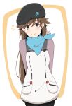  1girl absurdres apron arms_behind_back bangs beret breasts brown_eyes brown_hair closed_mouth commentary_request commission evangelion:_3.0+1.0_thrice_upon_a_time evangelion:_3.0_you_can_(not)_redo hat highres long_hair long_sleeves looking_at_viewer neckerchief neon_genesis_evangelion noname41 pixiv_commission rebuild_of_evangelion scarf shirt simple_background smile suzuhara_sakura uniform white_apron 