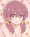  1girl :o absurdres bangs blush breasts brown_eyes brown_hair collarbone commentary eyes_visible_through_hair hair_between_eyes hair_over_shoulder highres hotaruru looking_at_viewer low_twintails medium_breasts murosaki_miyo nude onii-chan_wa_oshimai! open_mouth outline portrait simple_background solo twintails white_outline 