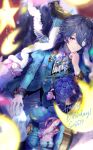  1boy absurdres ascot blue_jacket blue_pants bouquet crescent eyepatch flower formal highres hinose_takeru jacket long_sleeves looking_at_viewer male_focus one_eye_covered ovoshchnoy pants parted_lips purple_eyes purple_flower purple_hair purple_rose rose short_hair smile solo sweet_clown 