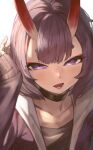  1girl bangs bob_cut breasts choker chorogon eyeliner fate/grand_order fate_(series) highres horns jacket long_sleeves looking_at_viewer makeup oni oni_horns open_clothes open_jacket open_mouth purple_eyes purple_hair purple_jacket short_hair shuten_douji_(fate) skin-covered_horns small_breasts solo 