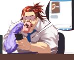  1boy :q bara blue_necktie blush boogeyman_(housamo) brown_hair cup facial_hair female_protagonist_(live_a_hero) goatee highres holding holding_phone implied_pregnancy leobongnana live_a_hero male_focus male_pregnancy mature_male merchandise mug multicolored_hair muscular muscular_male necktie orange_hair phone pregnancy_test red_eyes scar scar_on_face short_hair sideburns sleeves_rolled_up smile solo stomach sweatdrop tokyo_afterschool_summoners tongue tongue_out turn_pale two-tone_hair unfinished upper_body 