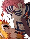  2boys absurdres akaza_(kimetsu_no_yaiba) bare_shoulders blonde_hair blue_sclera blurry colored_eyelashes colored_sclera colored_tips depth_of_field eye_contact eyelashes facial_mark facial_tattoo fire forked_eyebrows from_side full-body_tattoo highres kimetsu_no_yaiba looking_at_another male_focus multicolored_eyes multicolored_hair multiple_boys orange_hair parted_lips pink_hair portrait profile red_eyes red_hair rengoku_kyoujurou short_hair sidelocks simple_background sleeveless streaked_hair surprised t_a_n_jr tattoo text_in_eyes toned toned_male white_background 