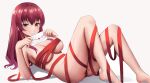  1girl absurdres breasts cleavage envelope grin hair_down heterochromia highres holding holding_envelope hololive houshou_marine knees_up large_breasts long_hair looking_at_viewer lying naked_ribbon on_back red_eyes red_hair red_ribbon ribbon sei_joshikou simple_background smile solo thighs valentine virtual_youtuber white_background yellow_eyes 