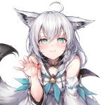  1girl ahoge animal_ears braid candy closed_mouth detached_sleeves food fox_ears fox_girl fox_tail green_eyes highres holding holding_candy holding_food hololive looking_at_viewer mirukurim open_mouth shirakami_fubuki single_braid solo tail tongue virtual_youtuber white_hair 